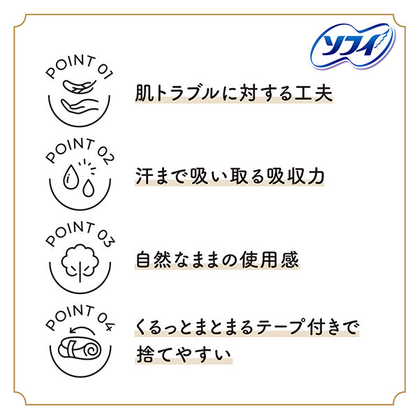 ソフィ はだおもい 生理用ナプキン（個包装）ユニ・チャーム、日本製・敏感肌対応、オーガニックコットン100%、ブランドロゴと4点のポイント図解