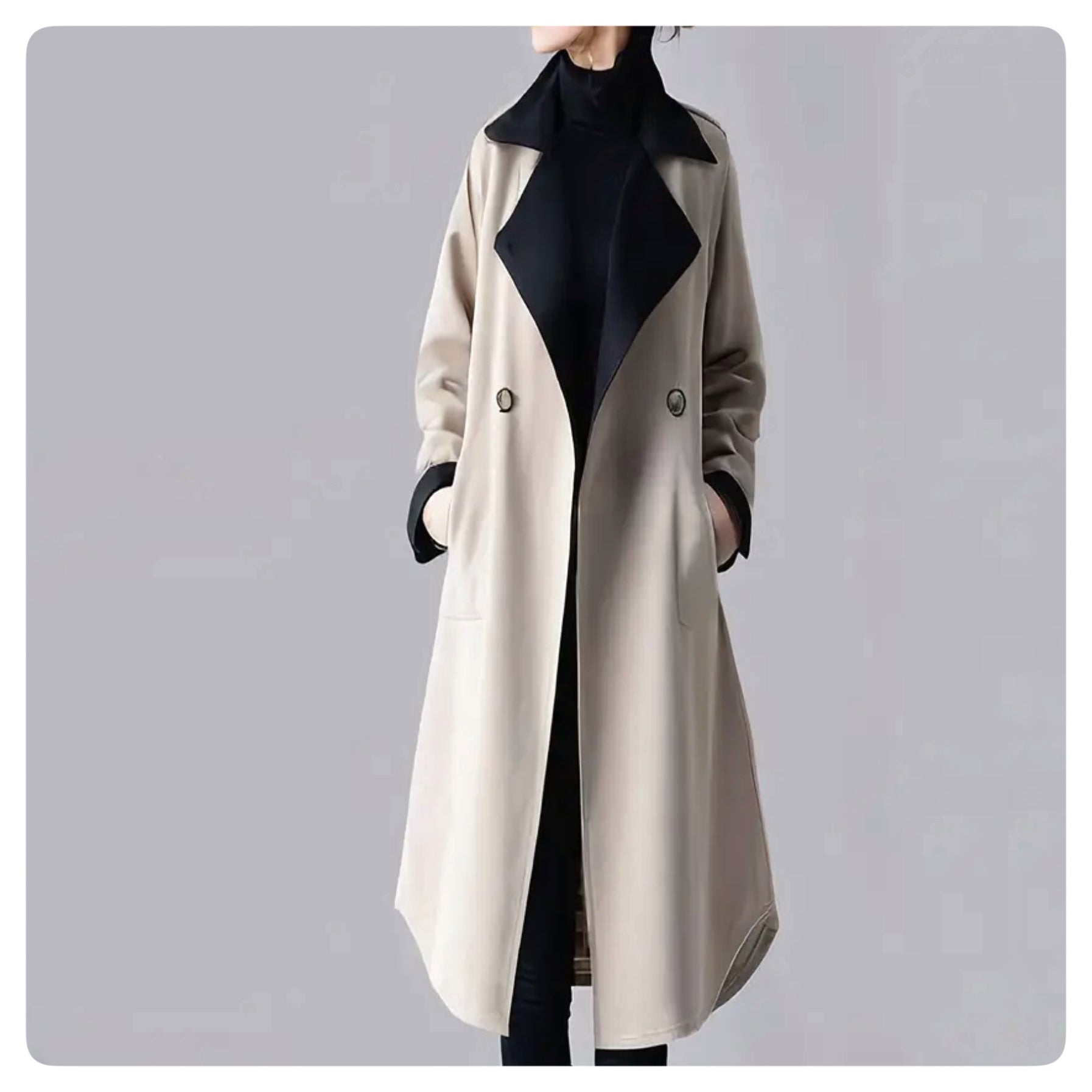 Port neck trench coat beige/black double breasted M size by Harumam shops