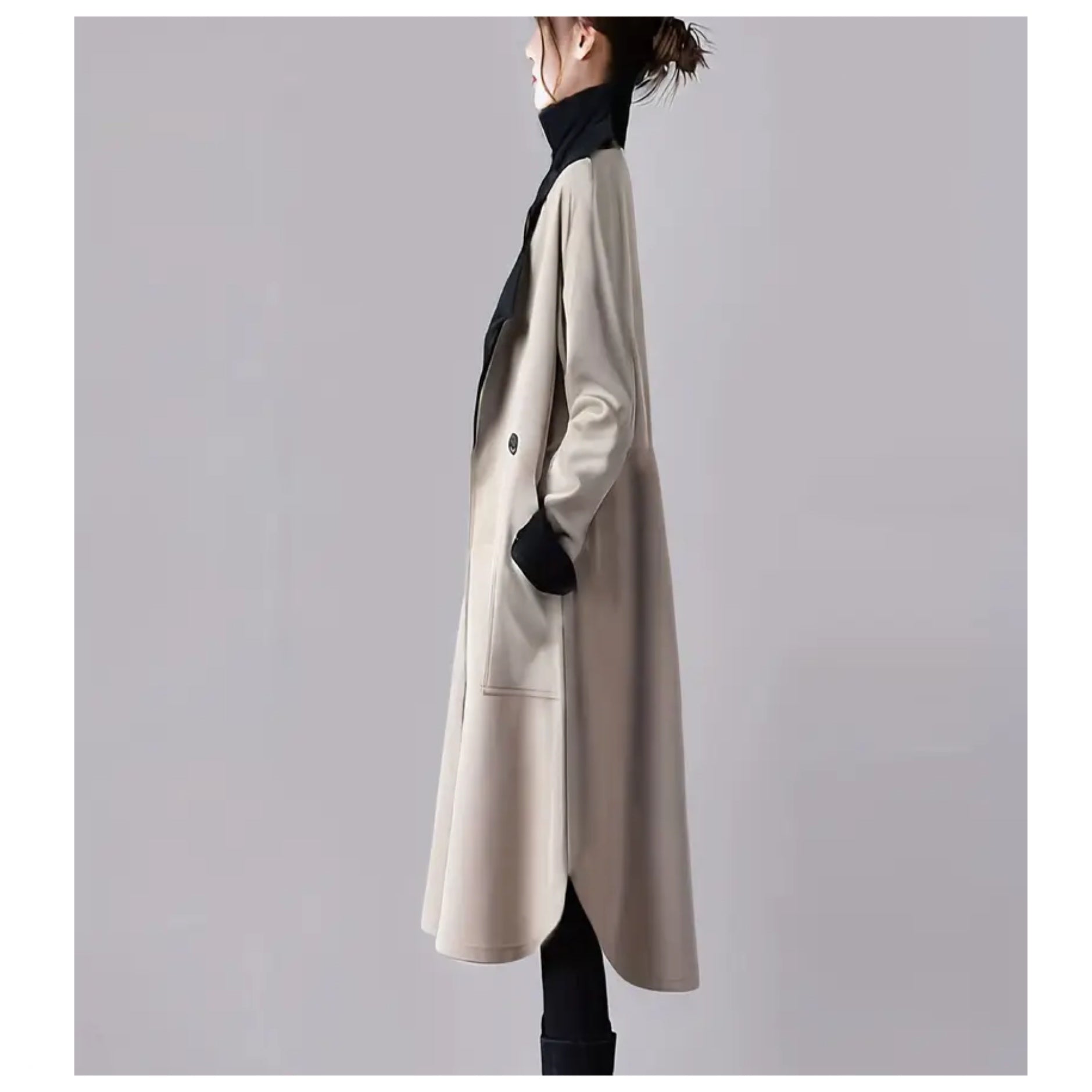 Port neck trench coat beige/black double breasted M size by Harumam shops